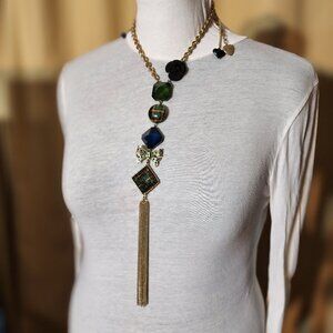Vintage Betsey Johnson Long Chain Tassle, Flocked Flower & Lucite Necklace Trend